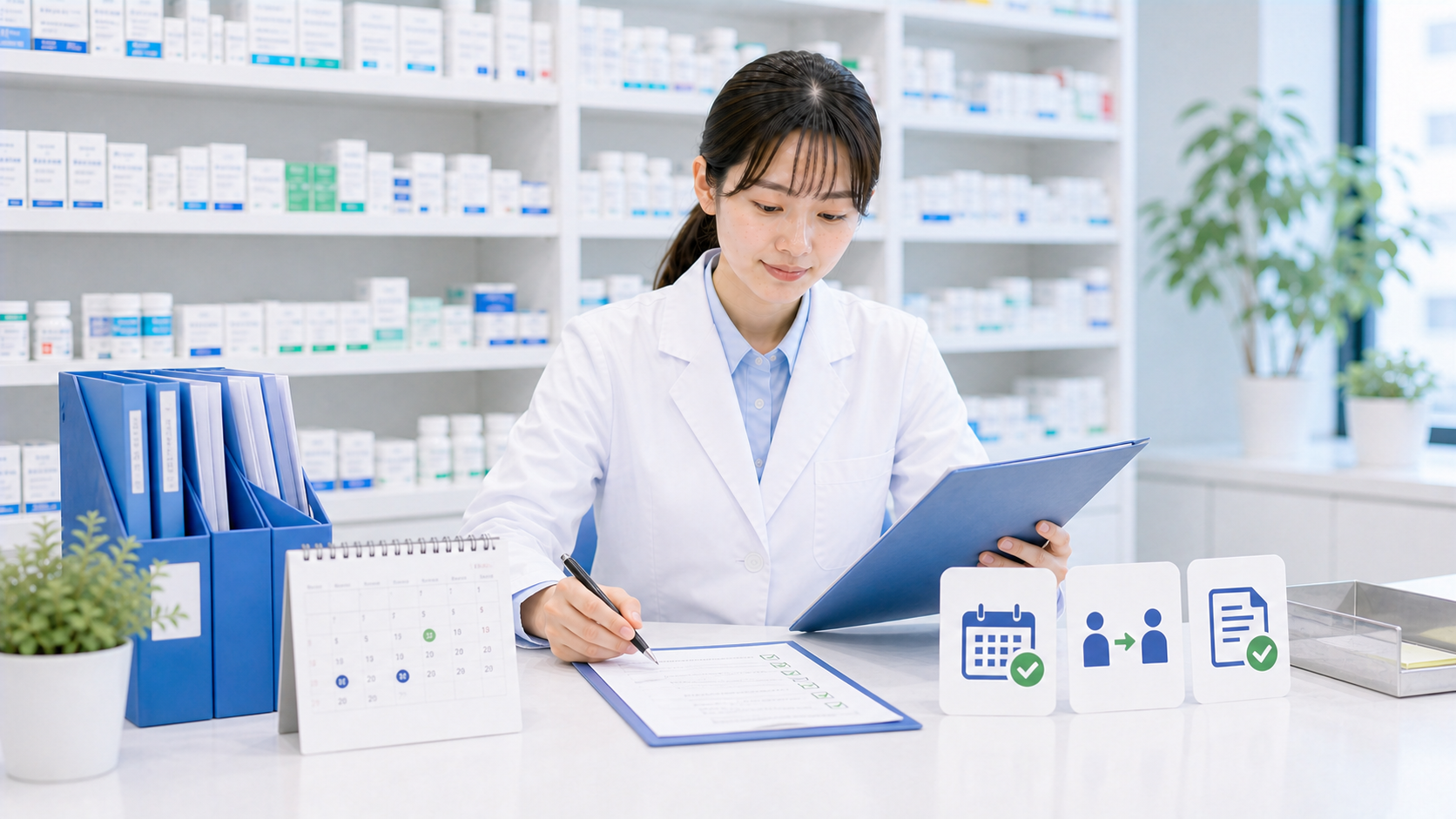 薬剤師が退職前の確認事項を整理し落ち着いて次の行動を準備している画像