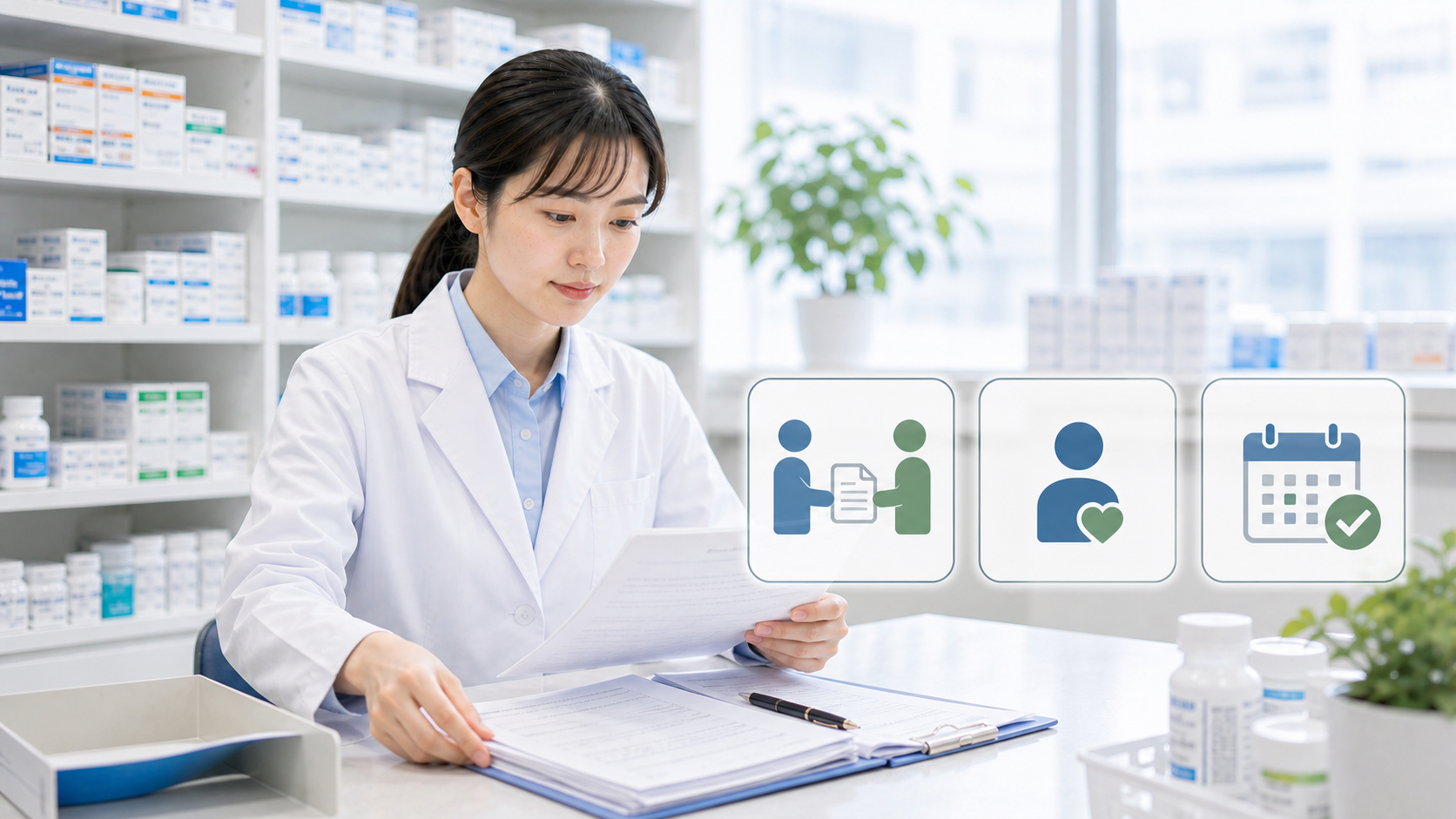 薬剤師が退職前の引き継ぎ書類を落ち着いて整理しているサムネイル画像