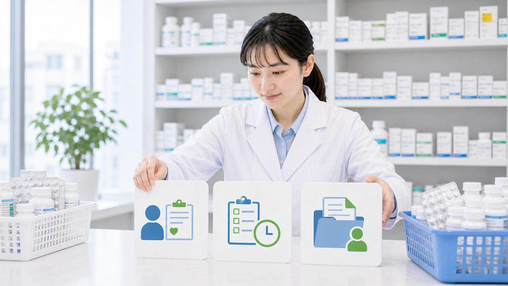 薬剤師が患者情報と途中業務と退職書類の3軸で引き継ぎを整理している画像