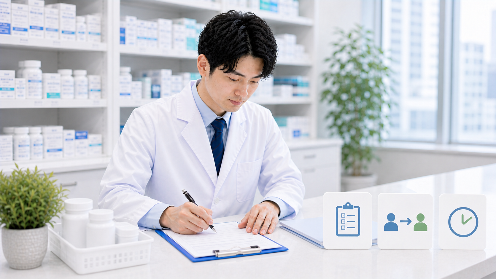 薬剤師が退職前の引き継ぎメモを作成している画像