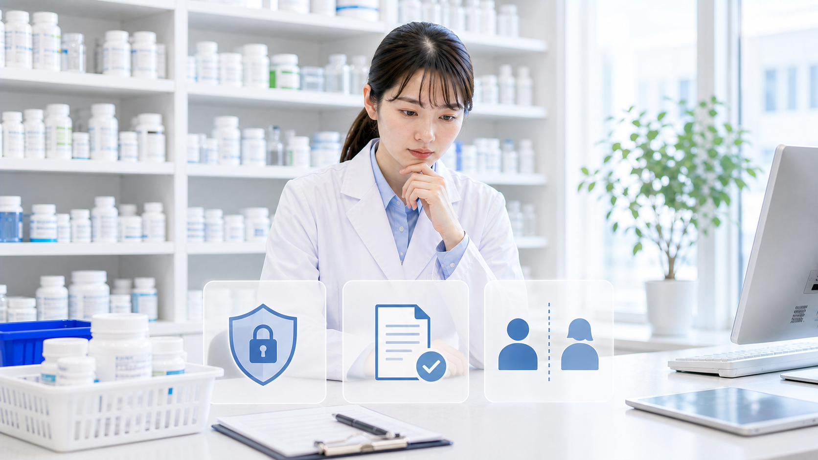 薬剤師が個人情報と引き継ぎの注意点を確認している画像