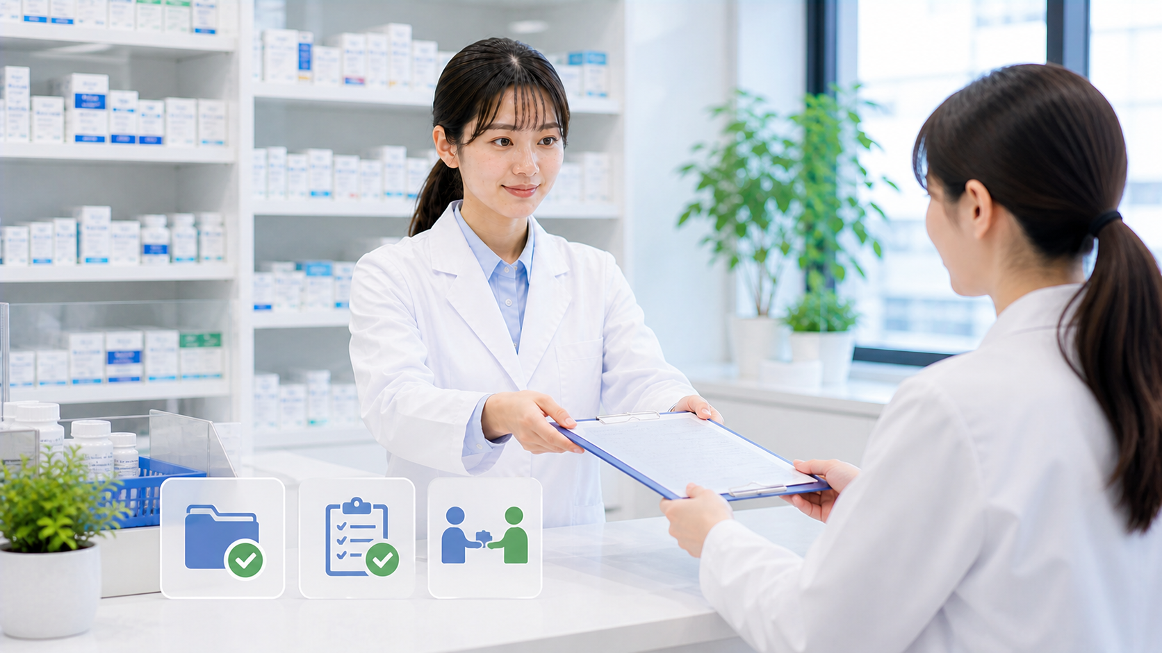 薬剤師が退職前の引き継ぎを完了して後任へ書類を渡しているまとめ画像