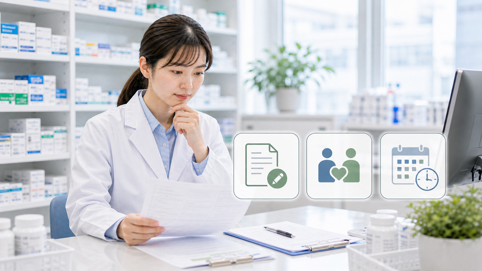 薬剤師が退職後の引き止め条件を落ち着いて確認しているサムネイル画像