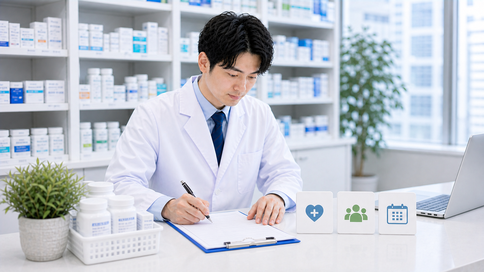 薬剤師が引き止め面談後に条件と期限をメモしている画像