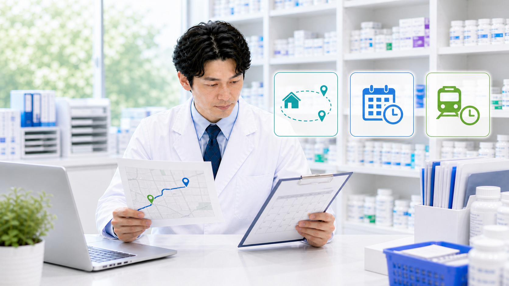 薬剤師が求人票と地図とカレンダーを並べて応援勤務の条件を確認している画像