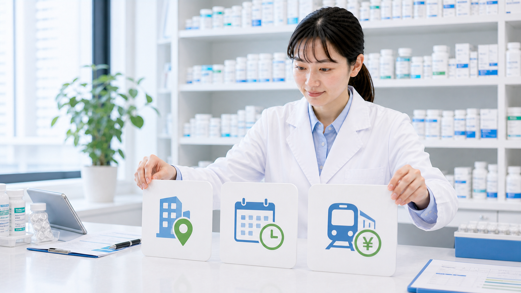 薬剤師が応援勤務の勤務地と頻度と移動費の3軸をカードで整理している画像