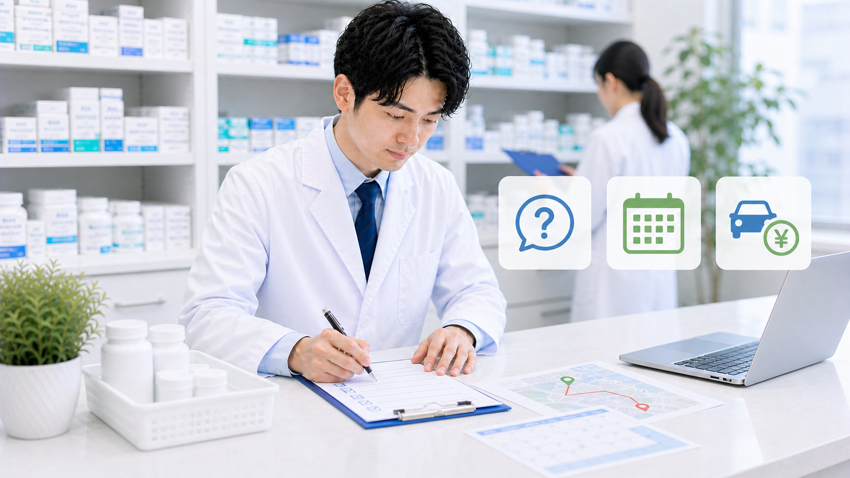 薬剤師が応援勤務の頻度と時間帯と質問内容をメモしている画像