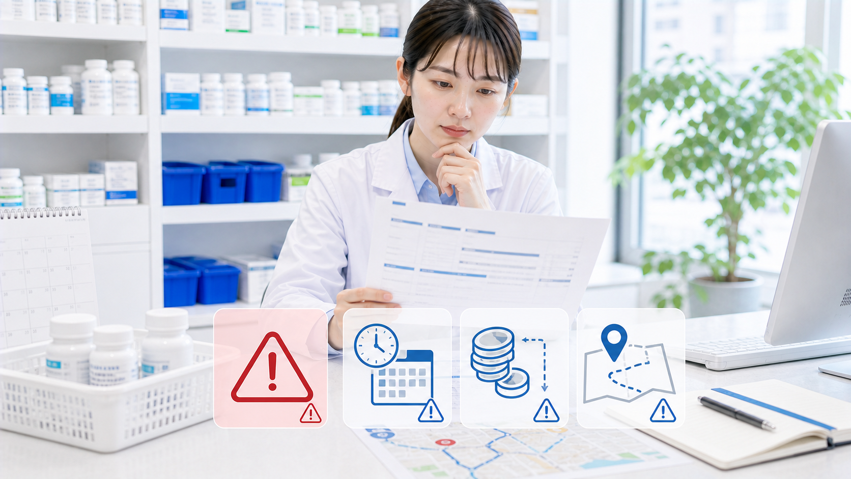 薬剤師が応援勤務の曖昧な条件を求人票と地図で慎重に確認している画像