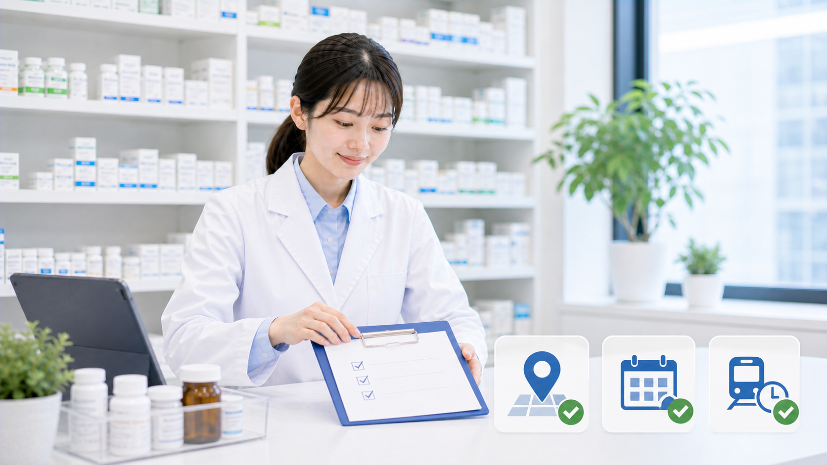 薬剤師が応援勤務の勤務地と頻度と移動負担を確認してチェックを入れているまとめ画像