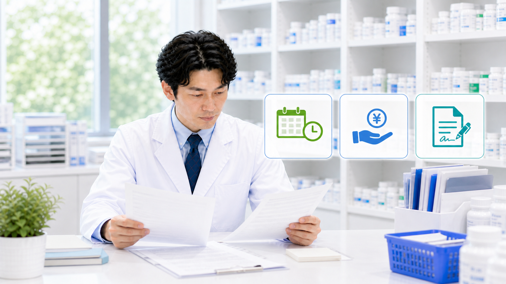 薬剤師が求人票と労働条件通知書と質問メモを並べて試用期間の条件を確認している画像