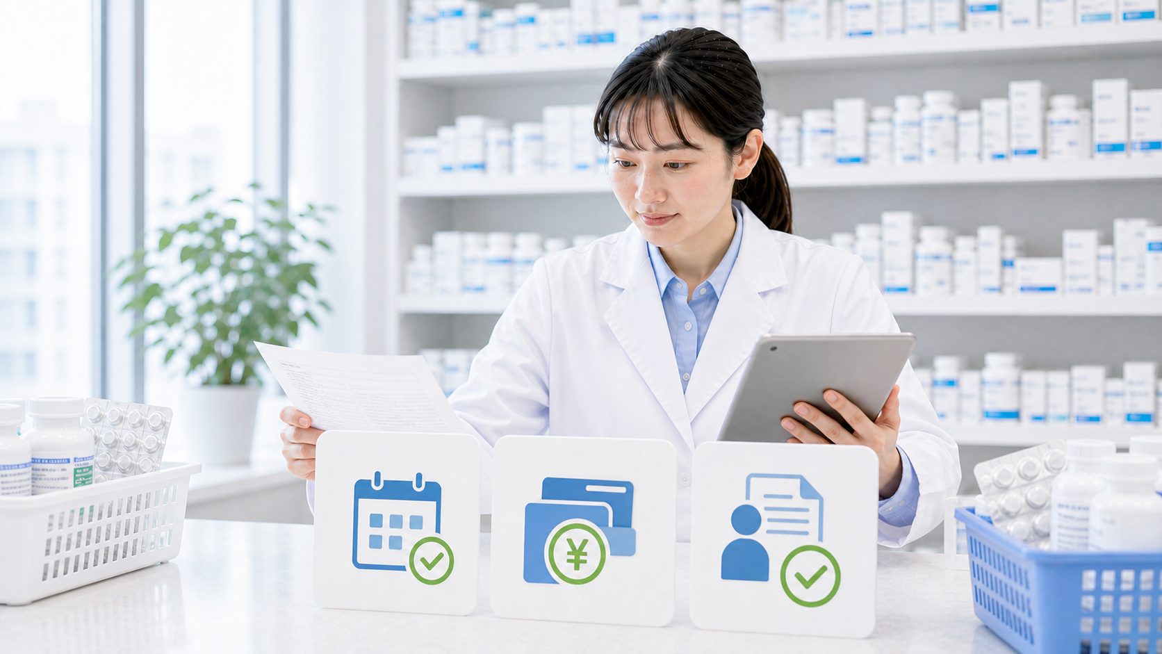 薬剤師が試用期間の期間と給与手当と本採用後の3軸をカードで整理している画像