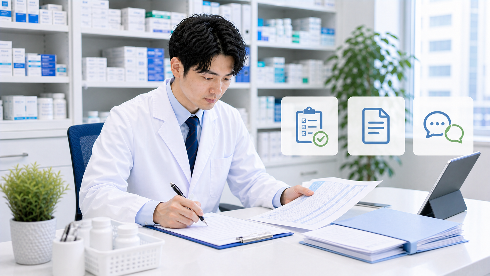 薬剤師が試用期間中の給与や手当の違いを質問リストに記録している画像