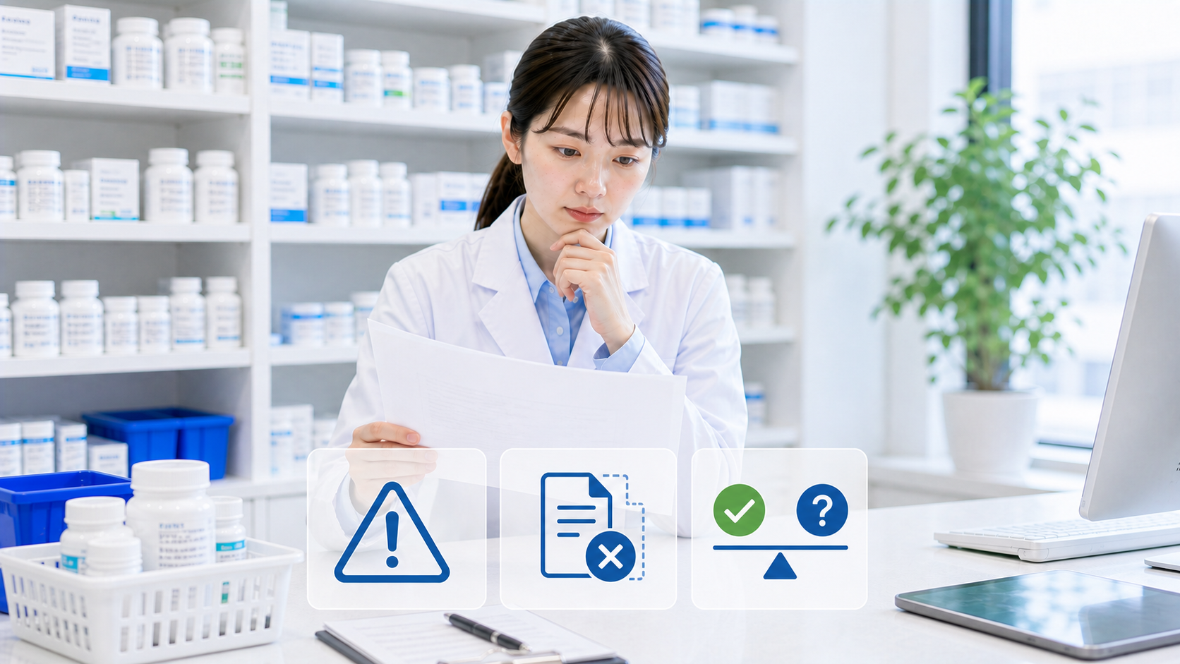 薬剤師が試用期間中の条件差と現場業務の負荷に注意して確認している画像