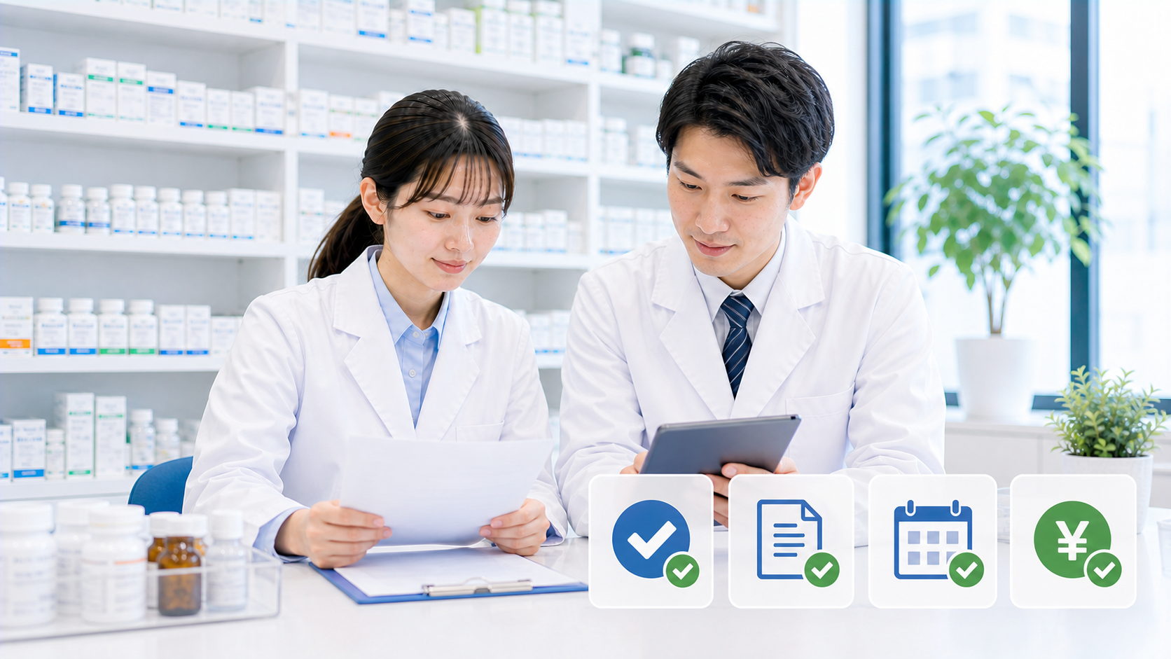 薬剤師が試用期間中の条件確認を終えて書類を保存している画像