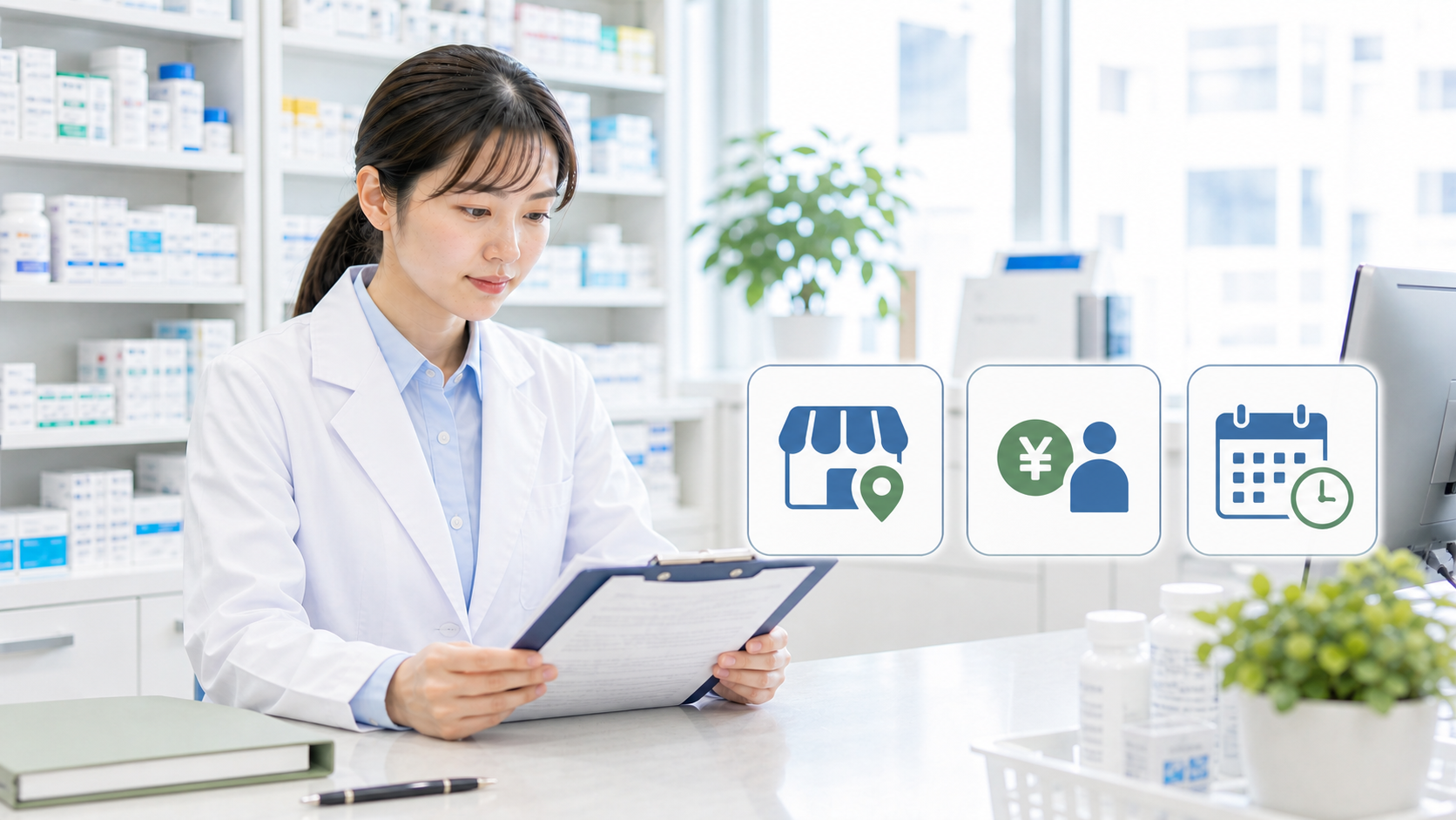 薬剤師が労働条件通知書を確認して就業場所と賃金と休日の3点を整理しているサムネイル画像