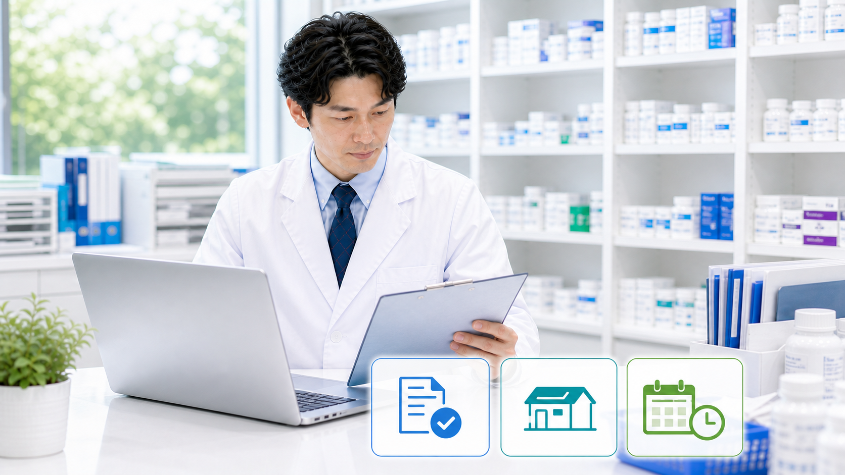 薬剤師が労働条件通知書とパソコンを見比べて条件の全体像を確認している画像
