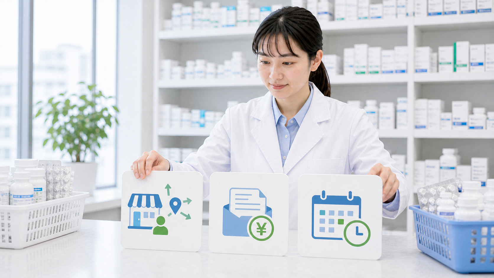 薬剤師が労働条件通知書を就業場所と賃金と休日の3軸で整理している画像