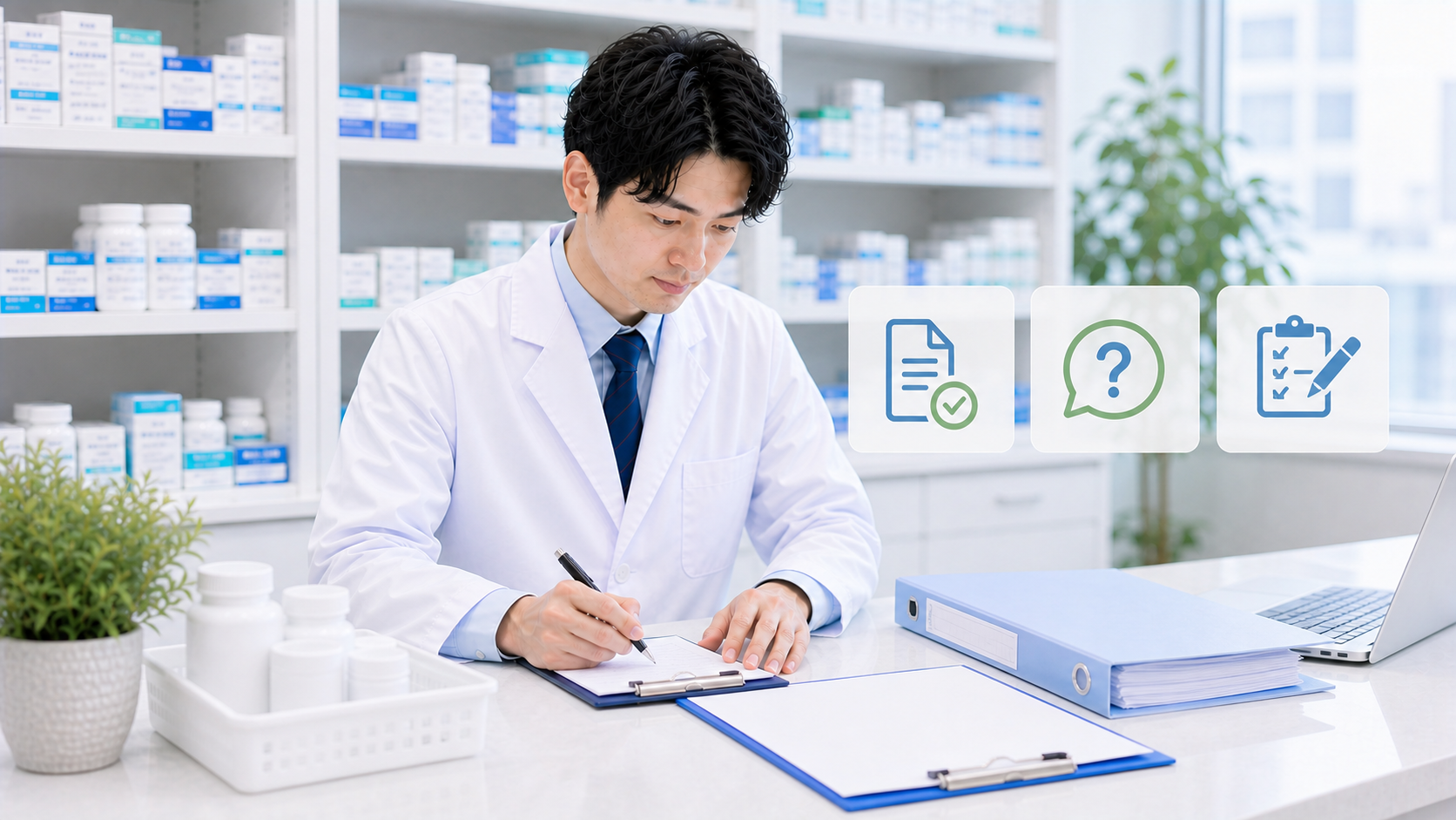 薬剤師が労働条件通知書の賃金や手当の確認事項を書き出している画像