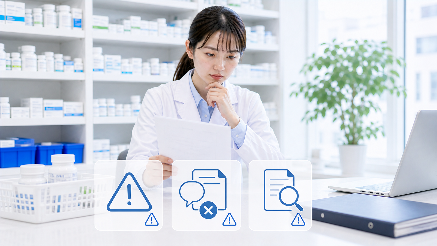 薬剤師が労働条件通知書の曖昧な説明や注意点を確認している画像