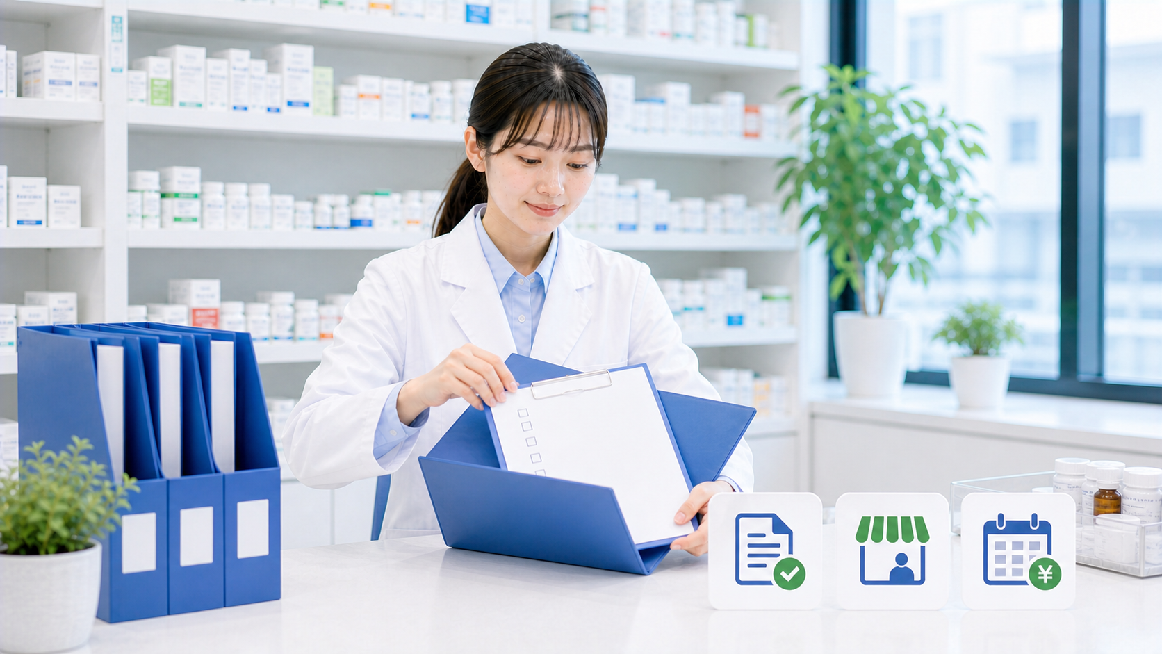 薬剤師が労働条件通知書の確認を終えて書類を保存しているまとめ画像