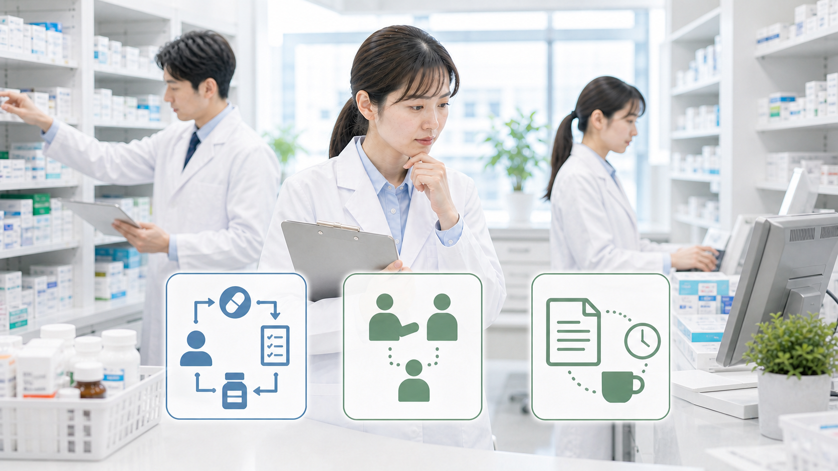 薬剤師が職場見学で業務動線と支援体制と記録の3点を確認しているサムネイル画像
