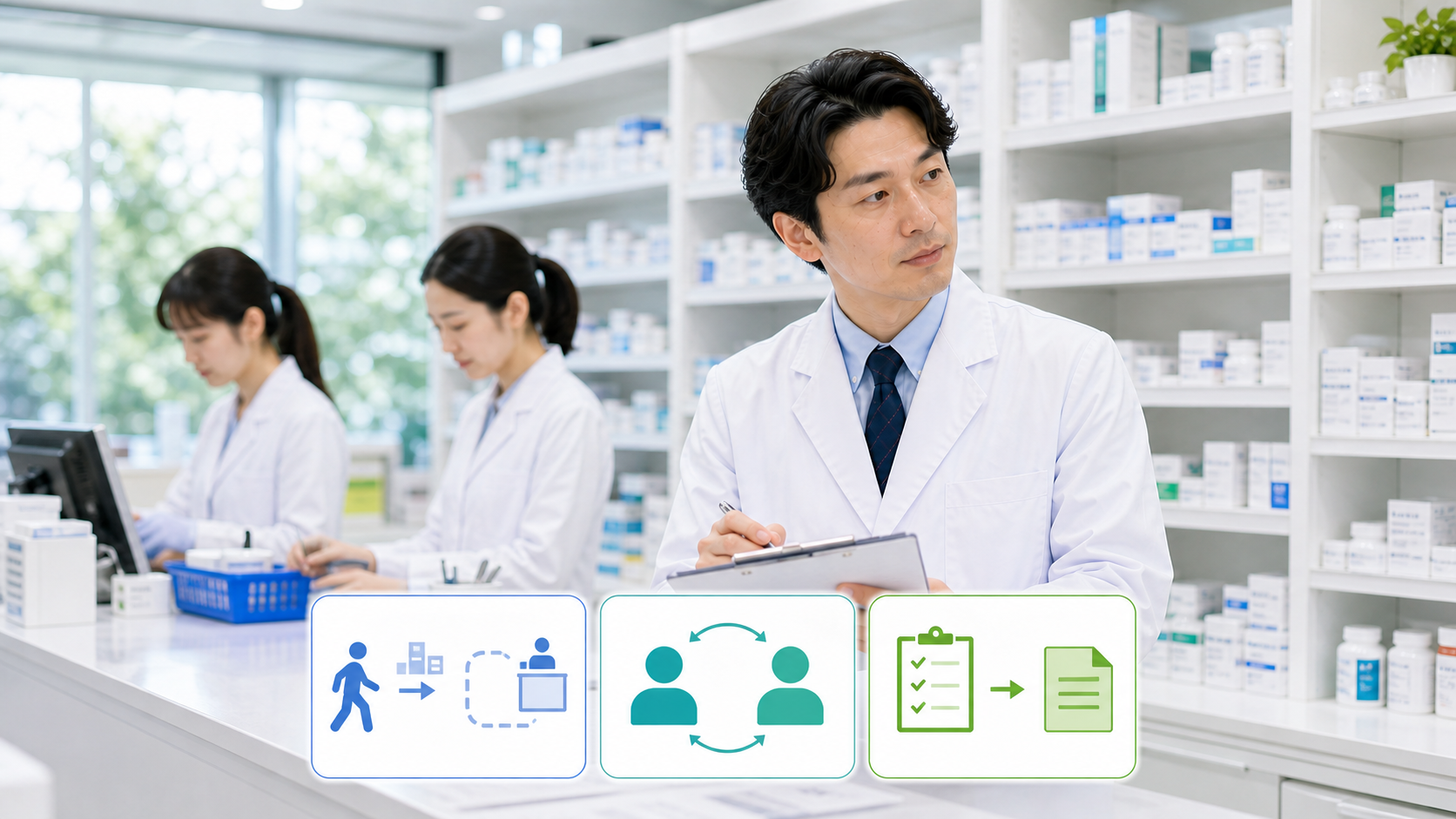 薬剤師が職場見学で現場運用の確認項目を整理している画像