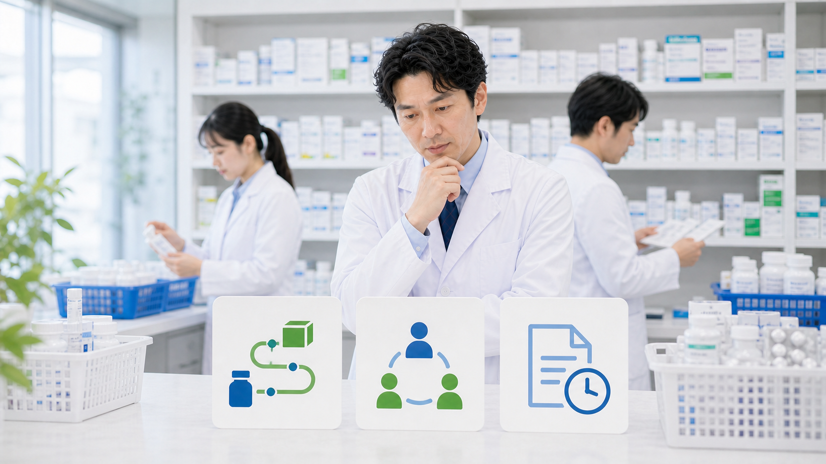 薬剤師の職場見学で業務動線と支援体制と記録を確認する3軸画像