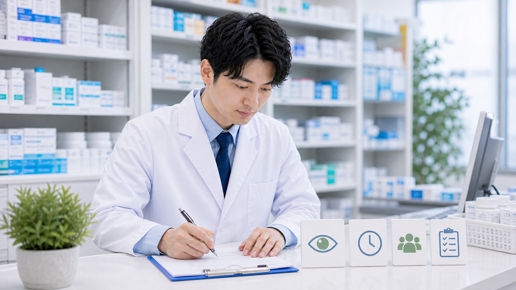 薬剤師が職場見学で見た事実をメモに残している画像