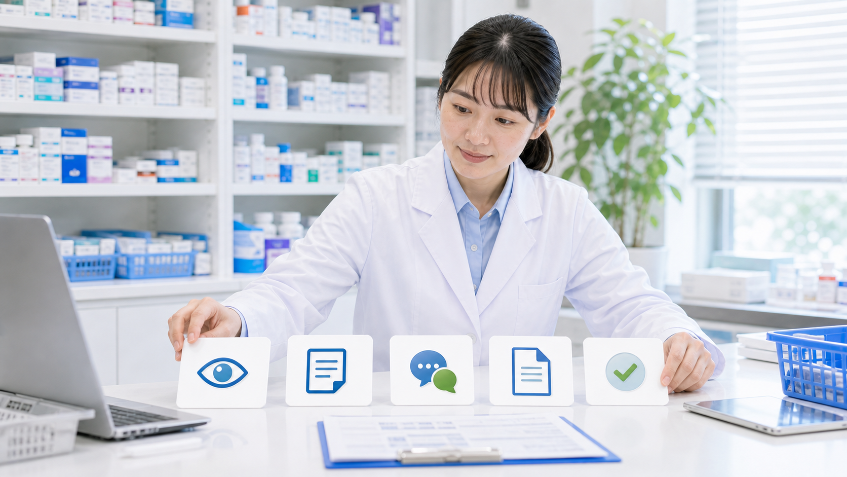 薬剤師が職場見学後に確認事項を5ステップで整理している画像
