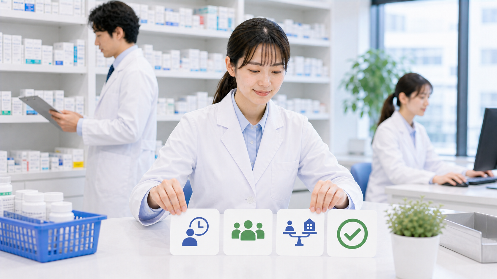薬剤師が職場見学後に3つの確認軸を整理して判断している画像