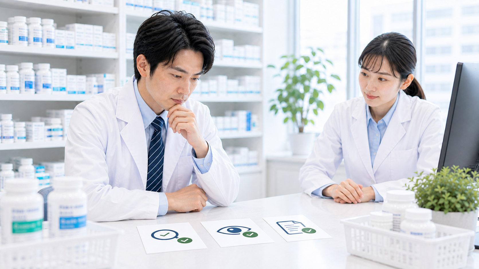 薬局で管理薬剤師とスタッフが不在時の体制を確認している画像