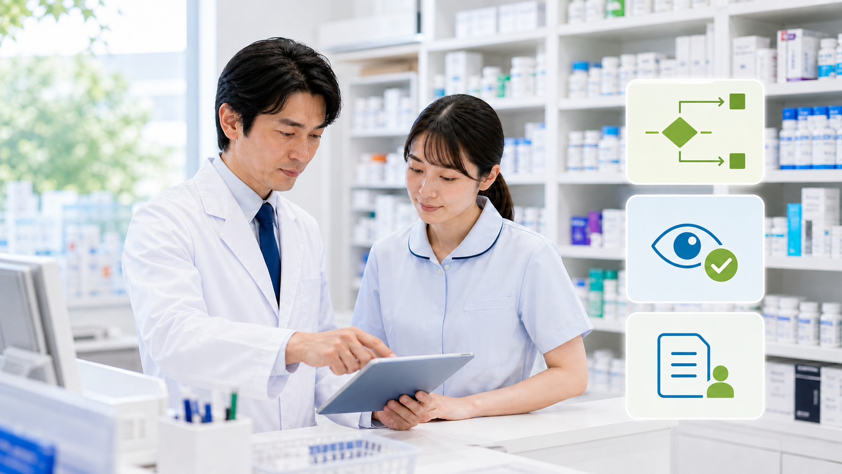 薬局スタッフが管理薬剤師不在時の確認点を整理している画像