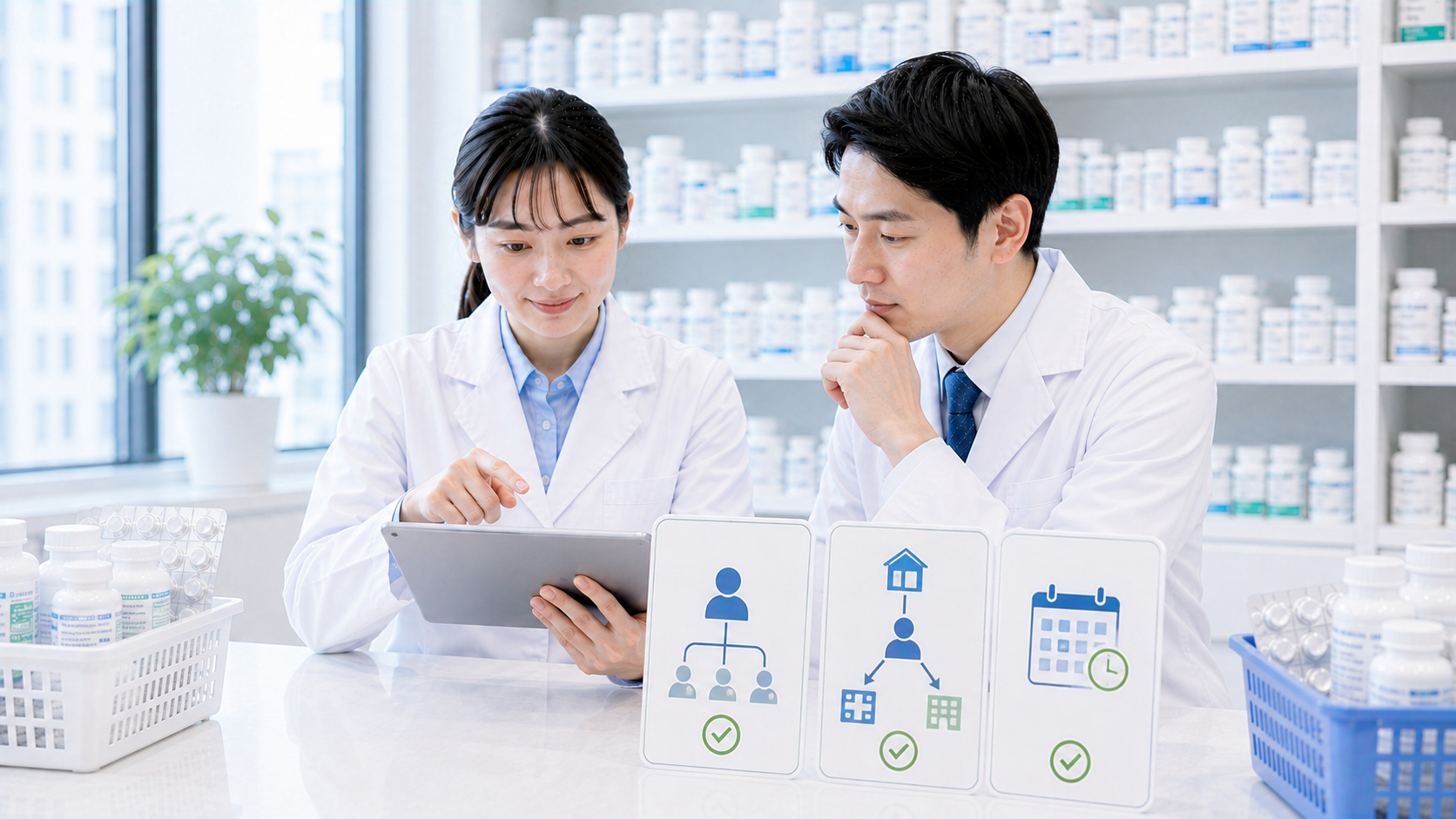 薬局でスタッフが勤務体制と確認点を見直している画像