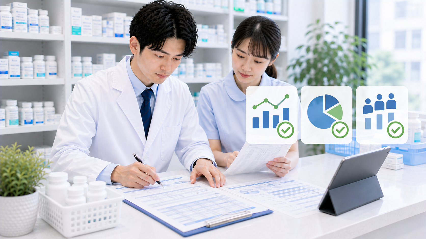 薬局でスタッフが不在時の記録を確認している画像
