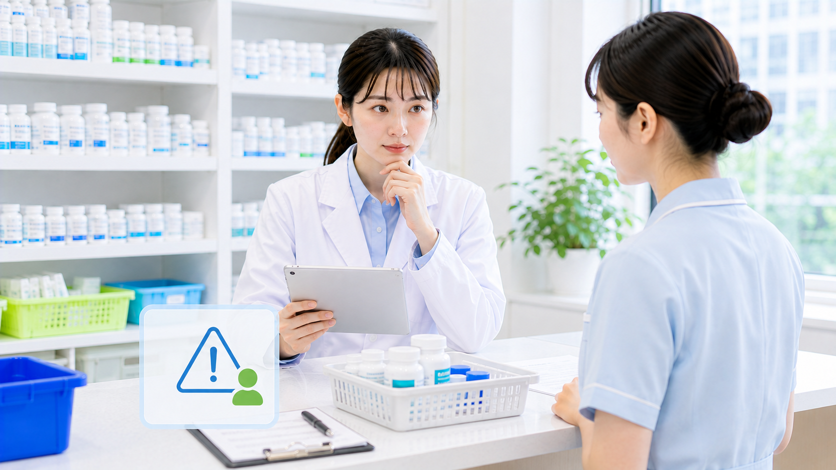 薬局スタッフが不在時に止めるべき条件を相談している画像