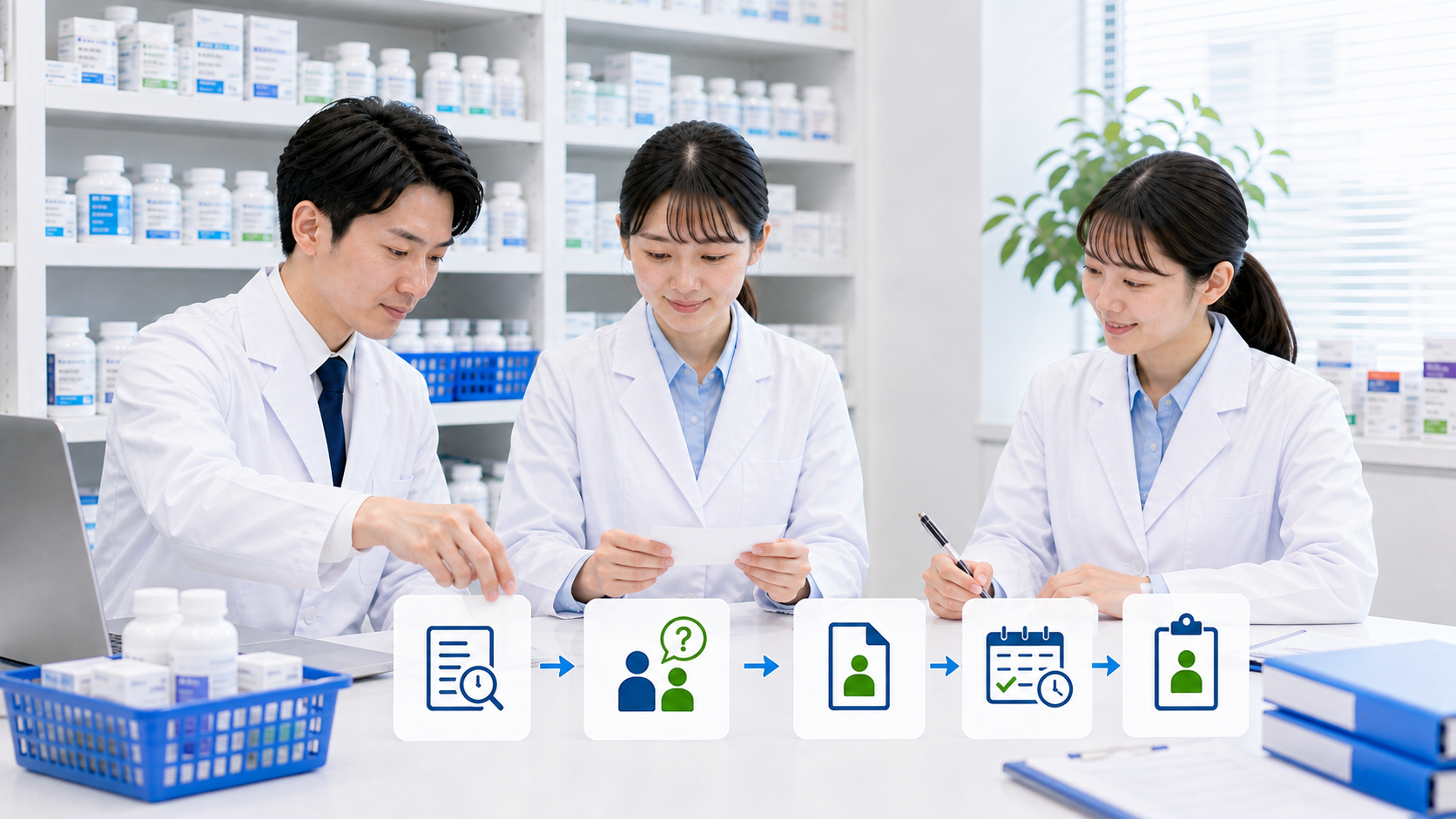 薬局チームが不在時の体制を整える手順を確認している画像