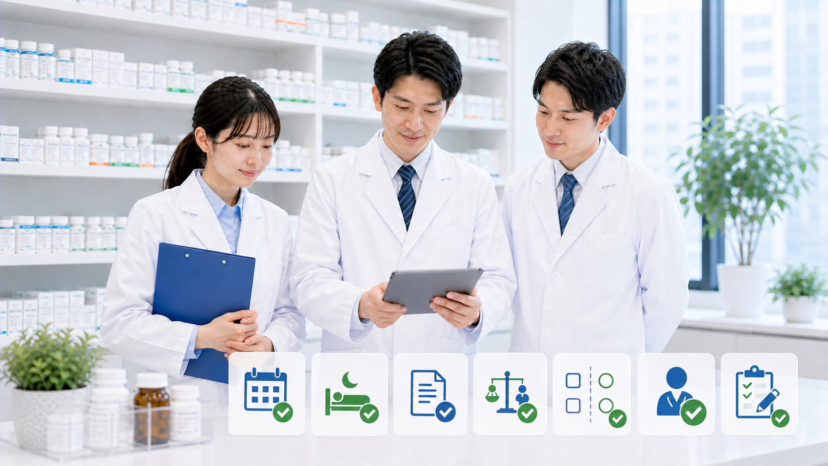 薬局スタッフが不在時の体制確認を終えている画像