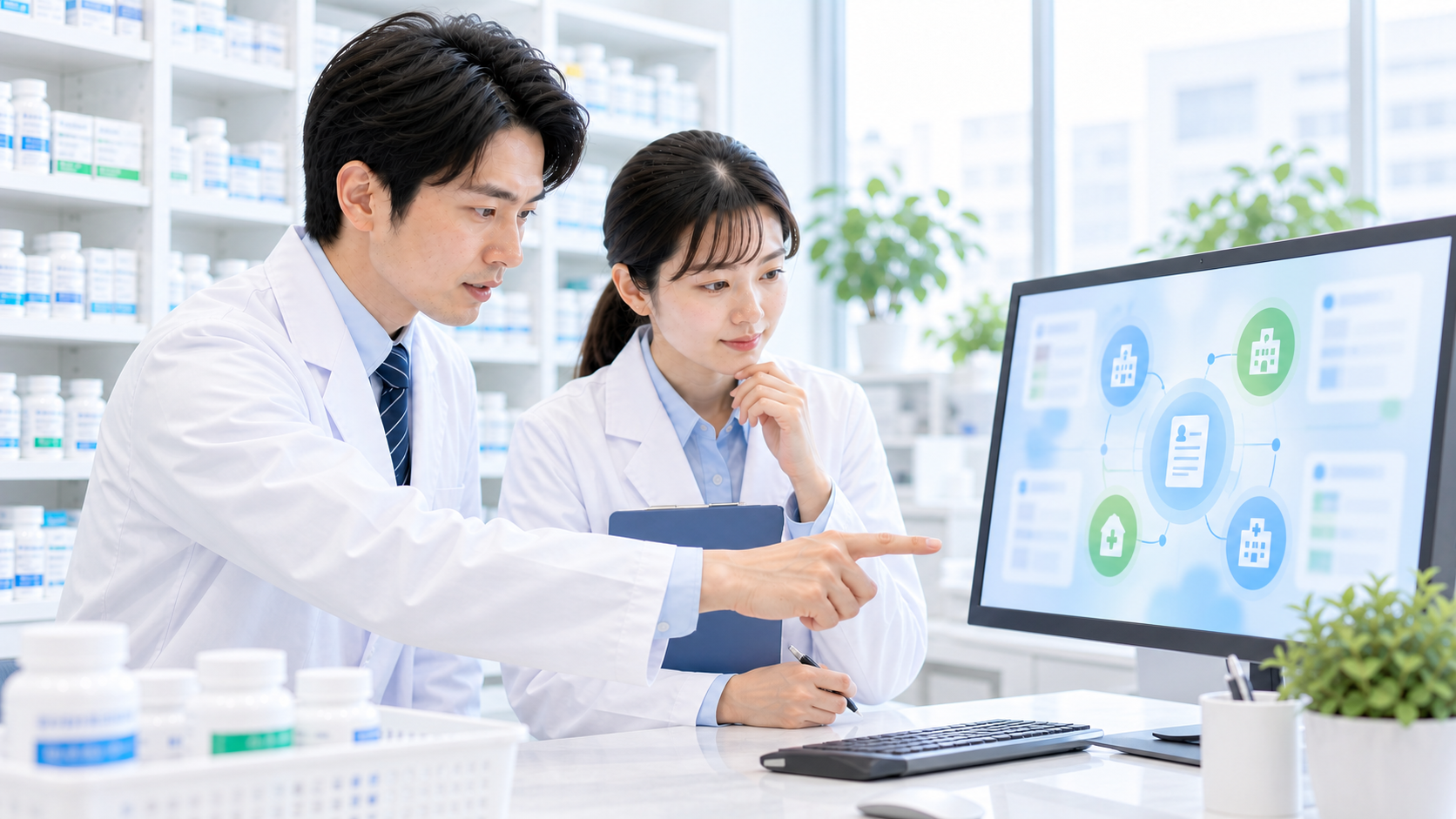 薬局で薬剤師とスタッフが電子的な情報共有の画面を確認している画像