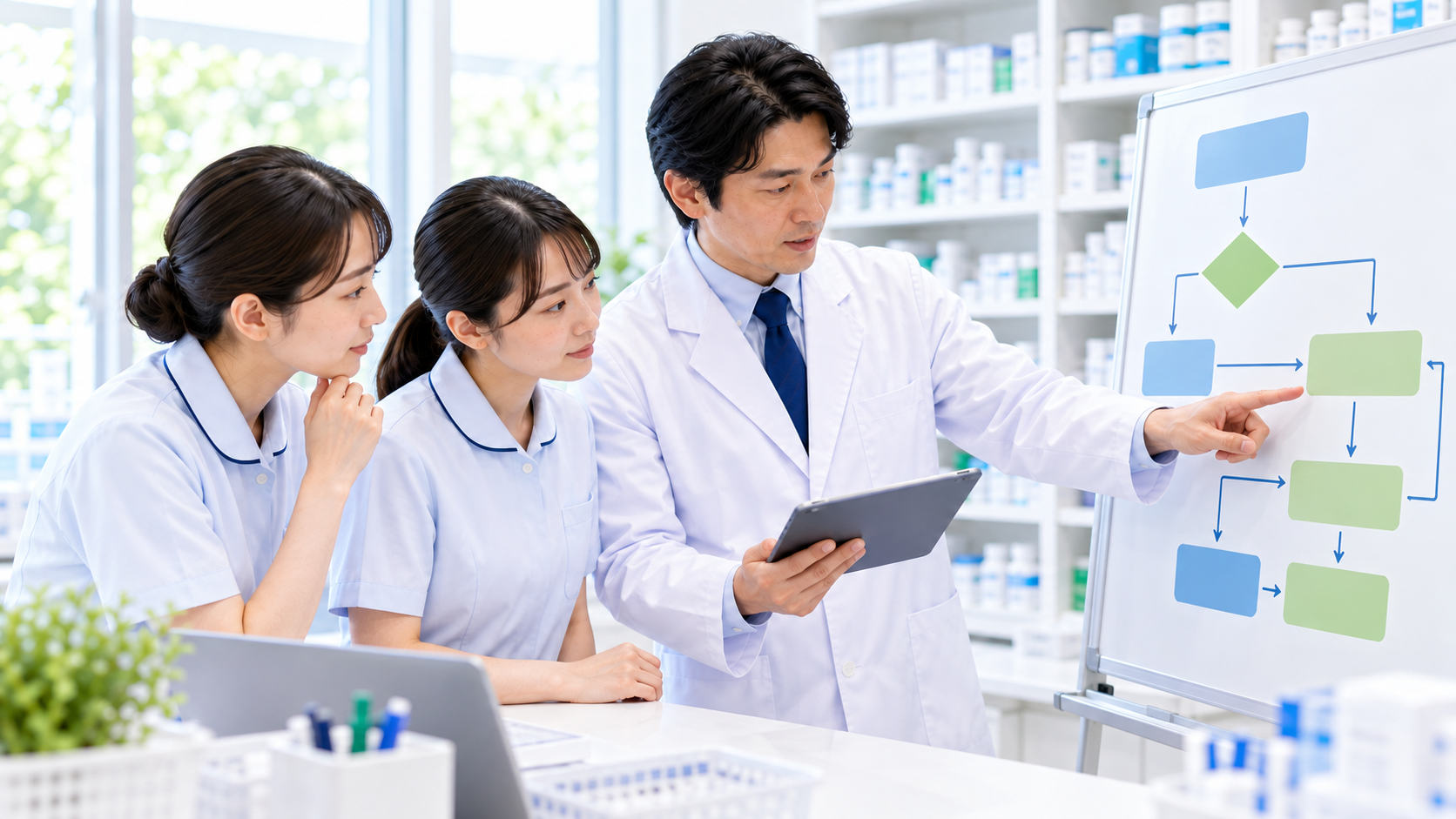 薬局スタッフが情報共有の運用手順を確認している画像