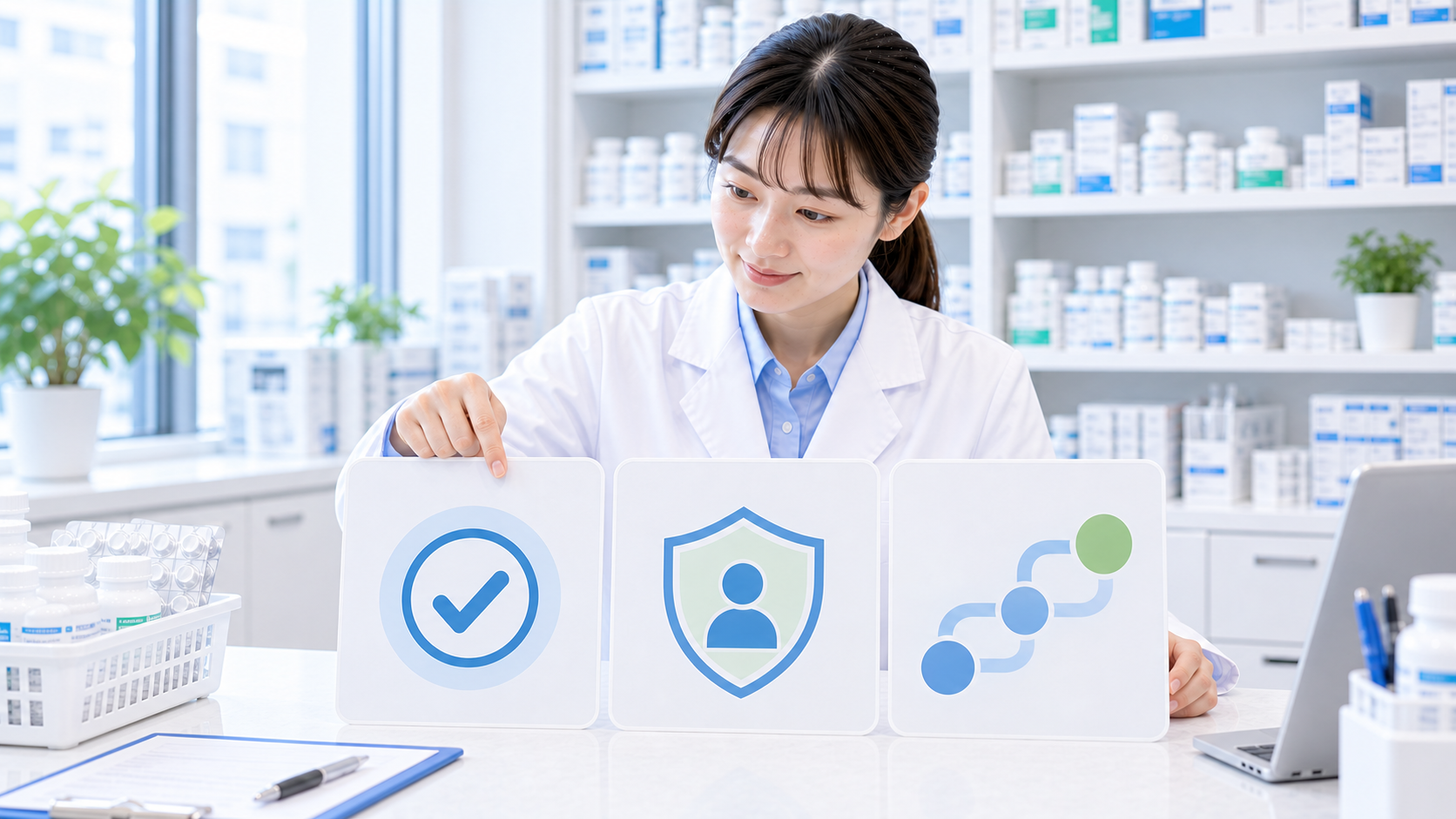 薬局の薬剤師が電子的な情報共有の3つの確認点を整理している画像