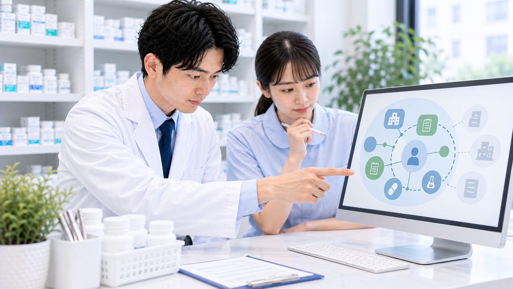 薬局スタッフが情報共有画面の確認範囲を相談している画像