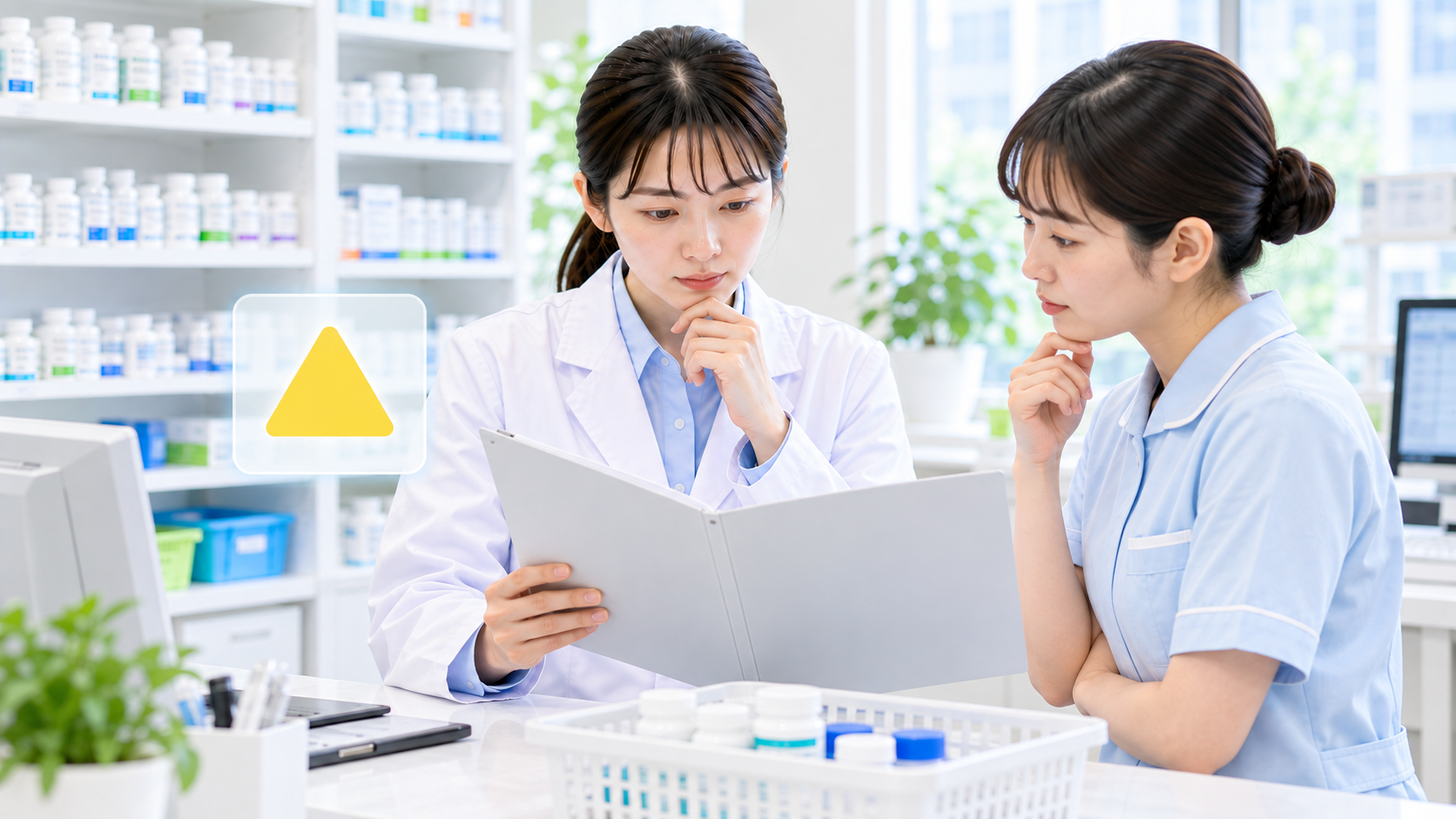 薬局スタッフが情報共有を始める前の注意点を確認している画像