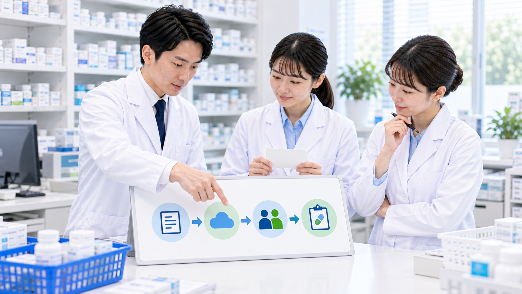薬局チームが情報共有のワークフローを相談している画像