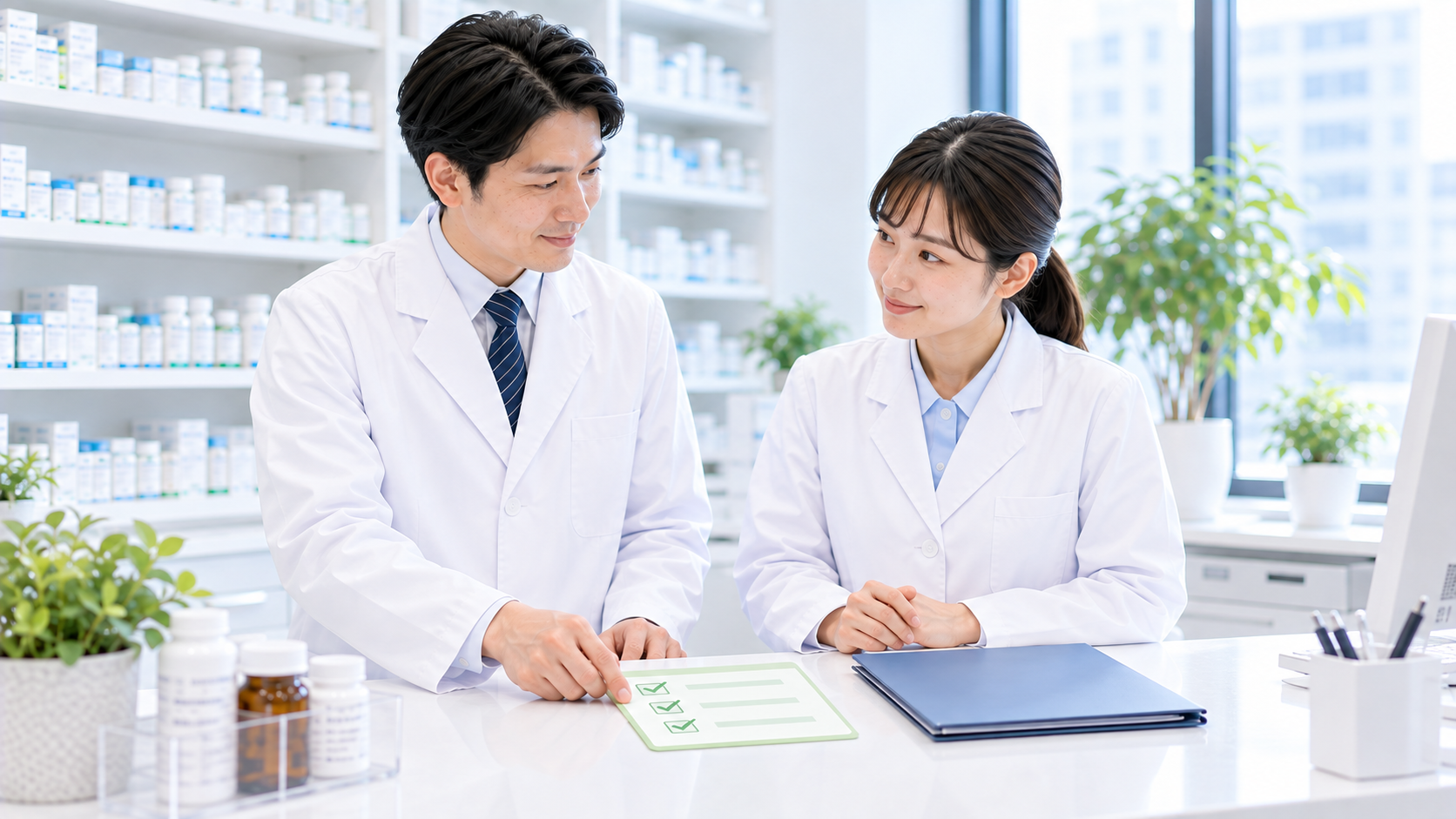 薬局の薬剤師二人が情報共有開始前のチェックリストを確認している画像