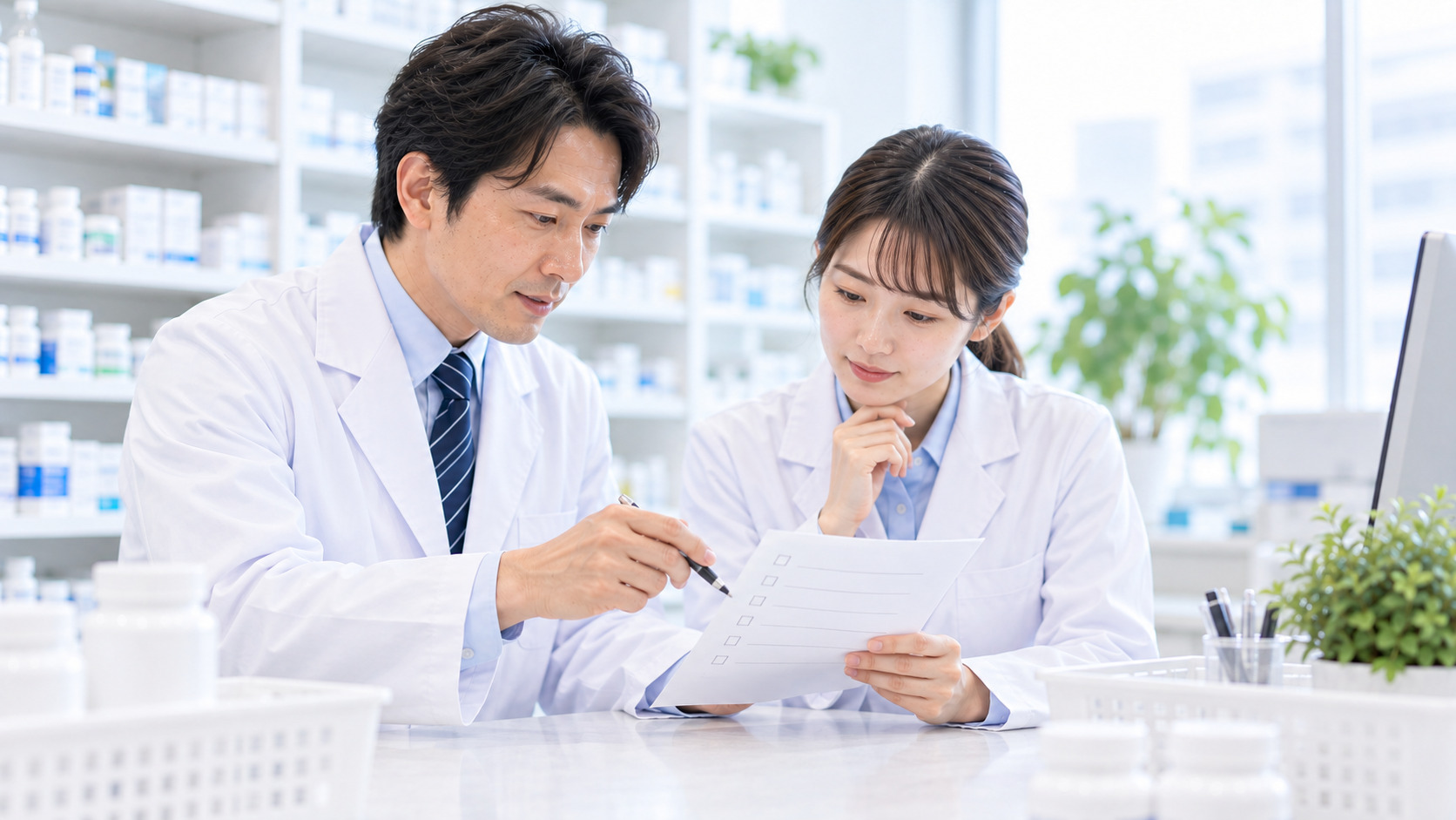 薬局で管理薬剤師とスタッフが情報更新の確認をしている画像