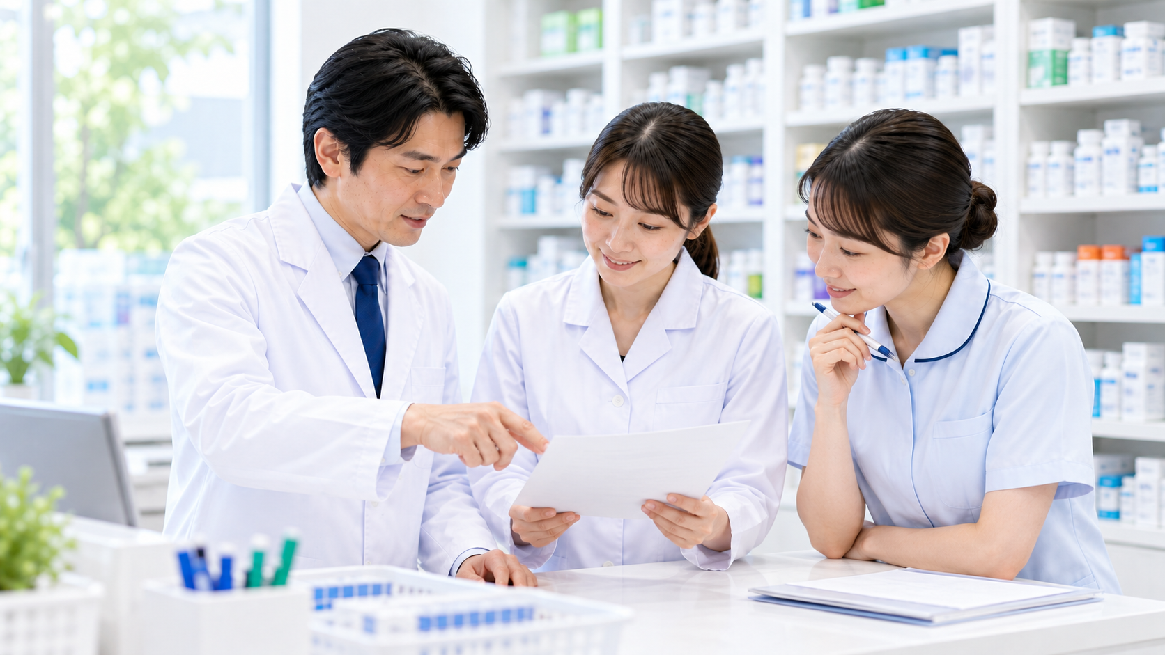 薬局スタッフが情報更新の流れを共有している画像