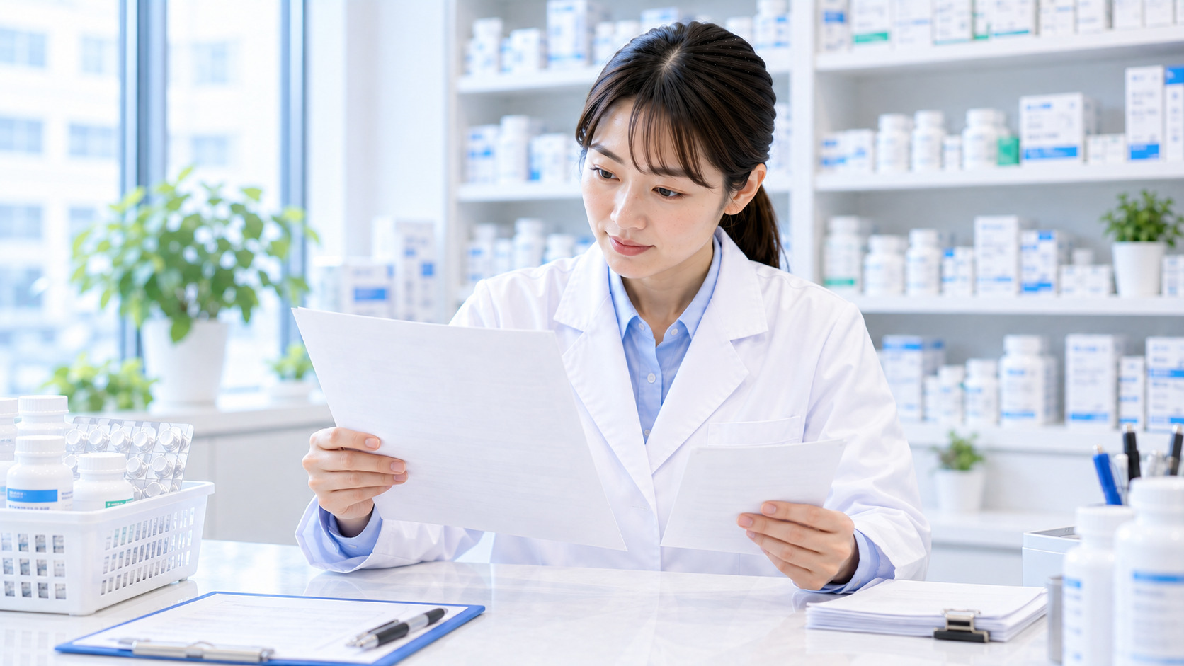 薬局の薬剤師が変更内容の資料を照合している画像