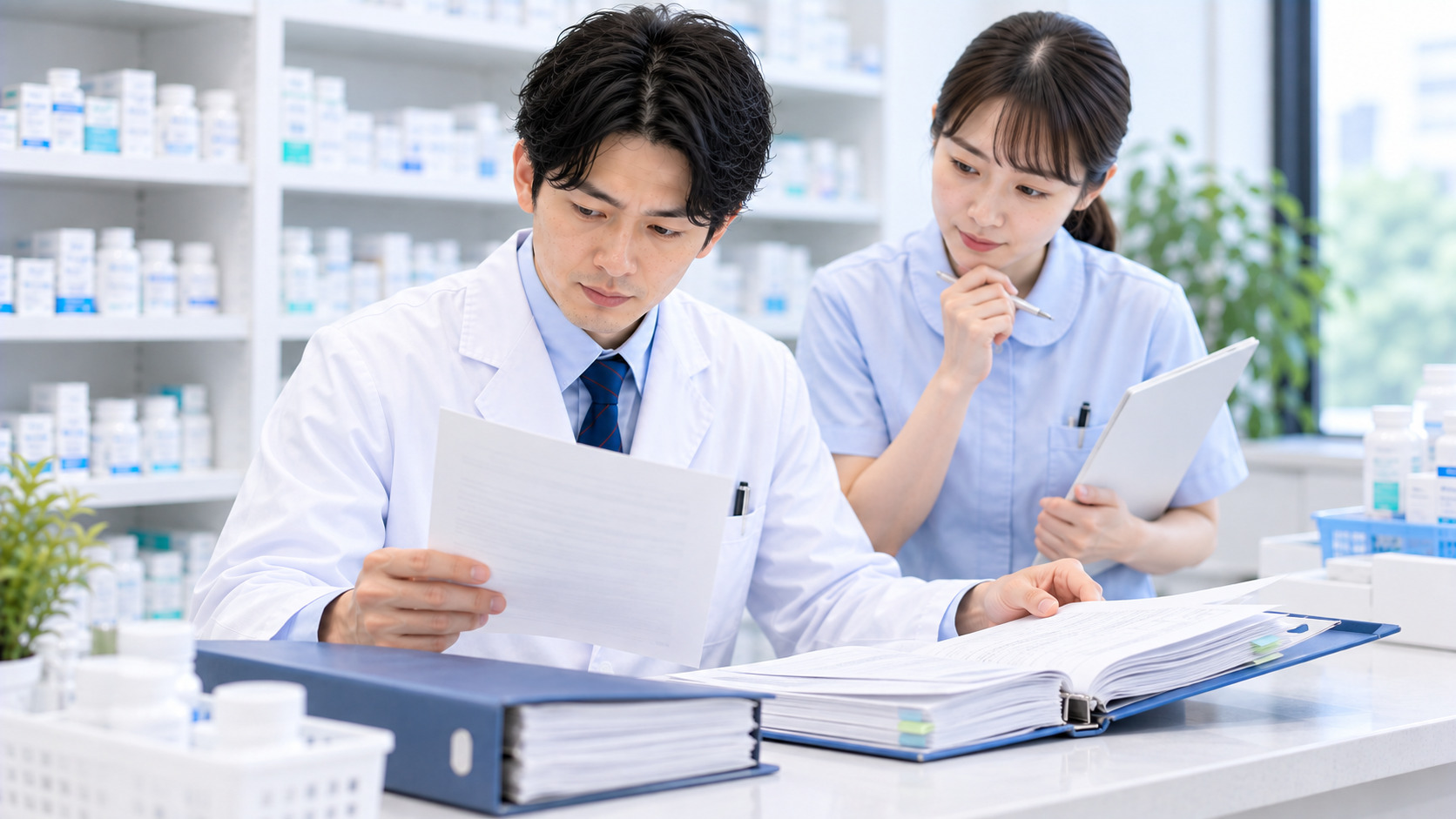 薬局で公式資料と更新日を確認している画像