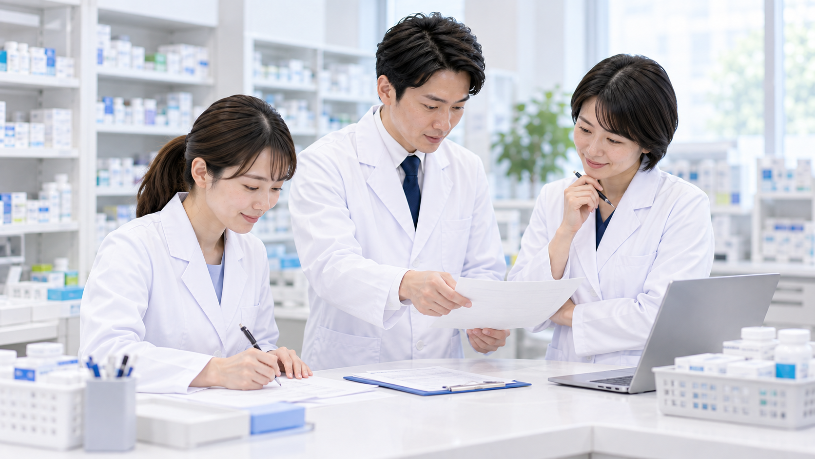 薬局チームが情報更新の役割分担を確認している画像