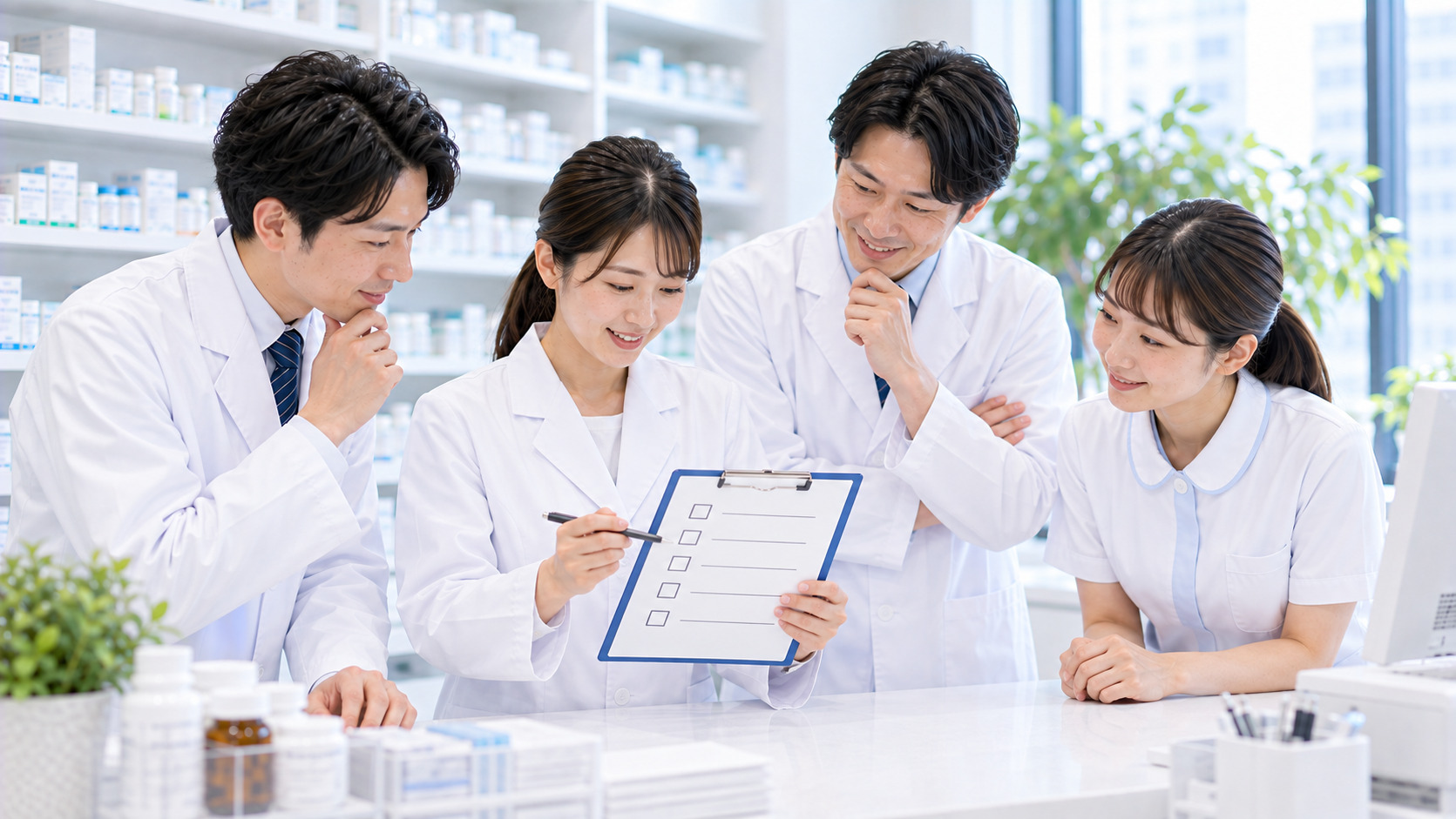 薬局チームが情報更新の確認項目を共有している画像